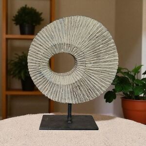Modern Rustic Home Whitewash Circular Ring Decorative Sculpture on Metal Stand